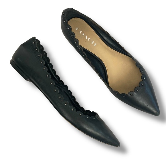 Coach Jill Black Calf Leather Studded Scallop Pointed Toe Flats Women's Size 8 - Picture 1 of 10